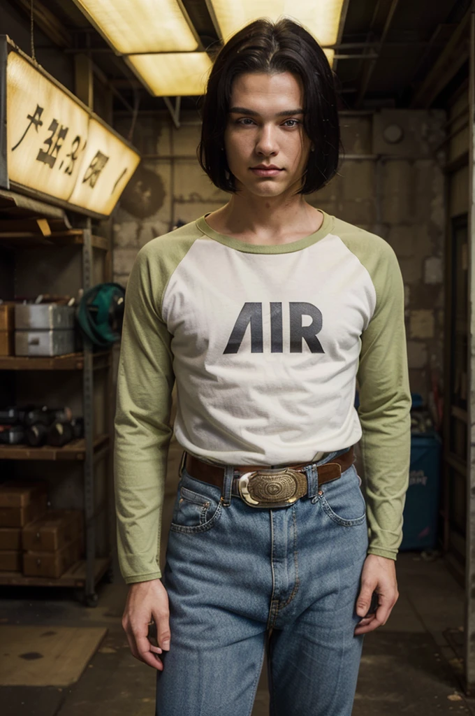 (best quality, masterpiece:1.2), (finely detailed)1boy,,solo, detailed illustration,intricate,android 17,blue eyes, white shirt with the word mir, green raglan sleeves, jeans, yellow belt,clothes writing ,black hair,short hair, parted hair, cowboy shot,rocks, space, dark clouds