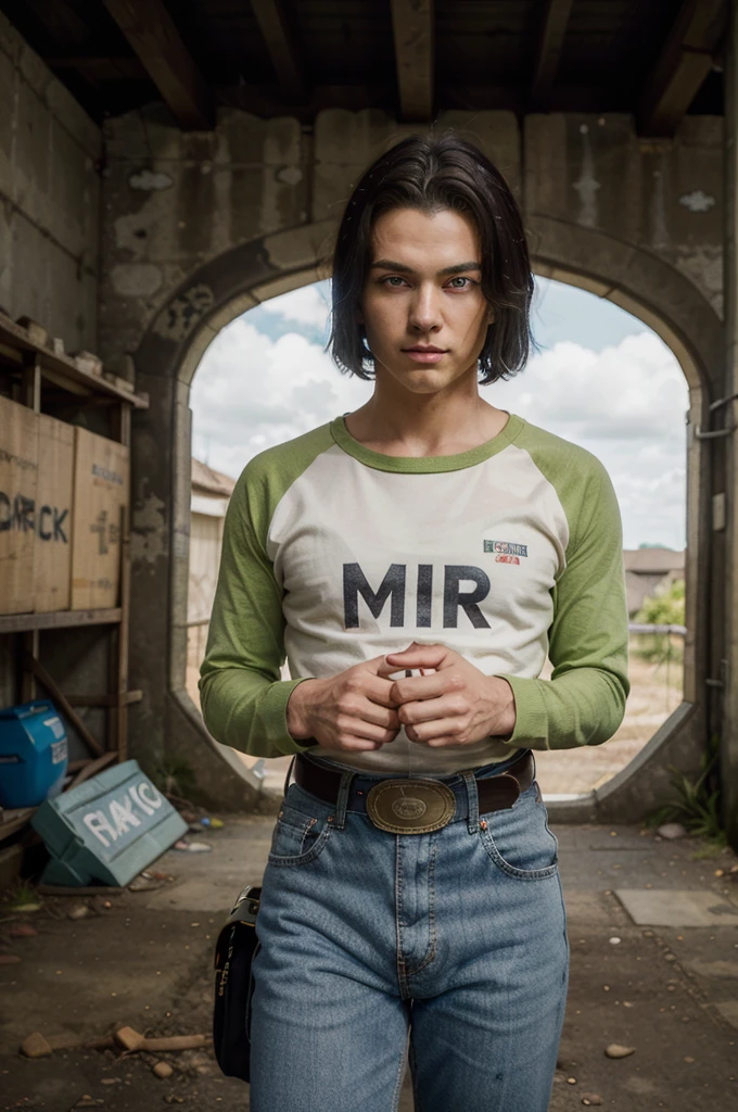 (best quality, masterpiece:1.2), (finely detailed)1boy,,solo, detailed illustration,intricate,android 17,blue eyes, white shirt with the word mir, green raglan sleeves, jeans, yellow belt,clothes writing ,black hair,short hair, parted hair, cowboy shot,rocks, space, dark clouds