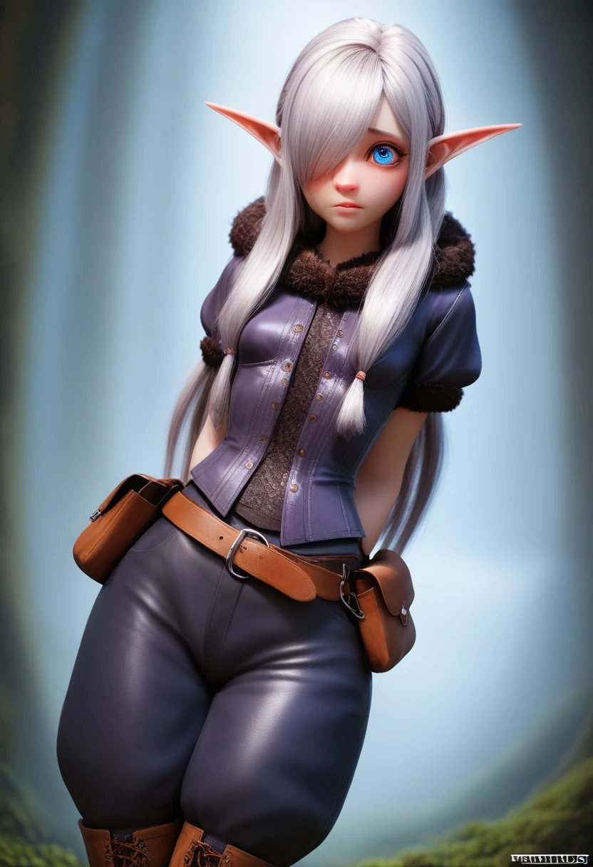 ((Best Quality)), (Masterpiece)), (Details: 1.4), Absurd Resolution, High Resolution, (Masterpiece: 1.4), Ultra Detailed, detailed gnome girl with pale skin, short stature, very long silver hair that curls at the ends, covering one eye, with small breasts, pouty lips, and bright blue anime-style eyes with long lashes, wearing a corset, white puffy long sleeved shirt, and puffy cloth pants, leather bound boots, set in a windy fantasy landscape, (best quality,4k,8k,highres,masterpiece:1.2),ultra-detailed, dungeons and dragons, long elf ears, small girl, detailed skin and cloth textures, cute detailed face, intricate details, extremely detailed, 1girl, dynamic pose with hair covering one eye, shy personality, puffy cloth pants with leather belt, detailed privateer outfit, detailed buccaneer outfit, pouch on belt, wearing ornate leather armor with fur trim, silver inlay detail, wearing fur trimmed boots, wearing fur trimmed gloves, short, short height, halfing girl, small girl,