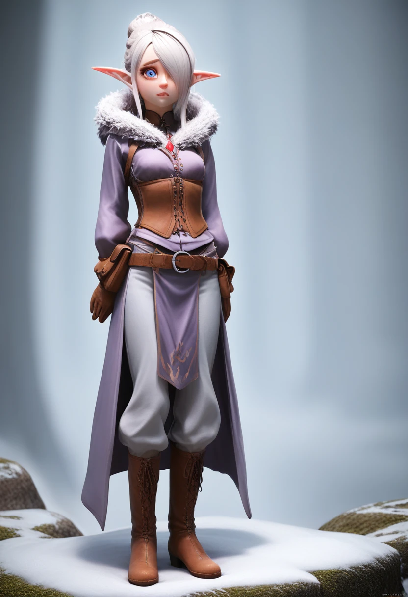 ((Best Quality)), (Masterpiece)), (Details: 1.4), Absurd Resolution, High Resolution, (Masterpiece: 1.4), Ultra Detailed, detailed gnome girl with pale skin, short stature, very long silver hair that curls at the ends, covering one eye, with small breasts, pouty lips, and bright blue anime-style eyes with long lashes, wearing a corset, white puffy long sleeved shirt, and puffy cloth pants, leather bound boots, set in a windy fantasy landscape, (best quality,4k,8k,highres,masterpiece:1.2),ultra-detailed, dungeons and dragons, long elf ears, small girl, detailed skin and cloth textures, cute detailed face, intricate details, extremely detailed, 1girl, dynamic pose with hair covering one eye, shy personality, puffy cloth pants with leather belt, detailed privateer outfit, detailed buccaneer outfit, pouch on belt, wearing ornate leather armor with fur trim, silver inlay detail, wearing fur trimmed boots, wearing fur trimmed gloves, short, short height, halfing girl, small girl,