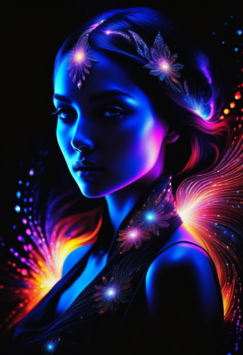 black_light paint art poster of girl face, black_light style, mesmerizing beauty, cool and twister, crystals glisten and overflow, creating fantastical illusion, unleash of flame and water and flash, wonder beauty, elegant twists, swirling patterns and sparkling glass, dazzling cyber fairy, nebula sky, (((extremely intricate detail:1.3))), (((breathtakingly beautiful:1.3))), stunningly beautiful visual quality,
