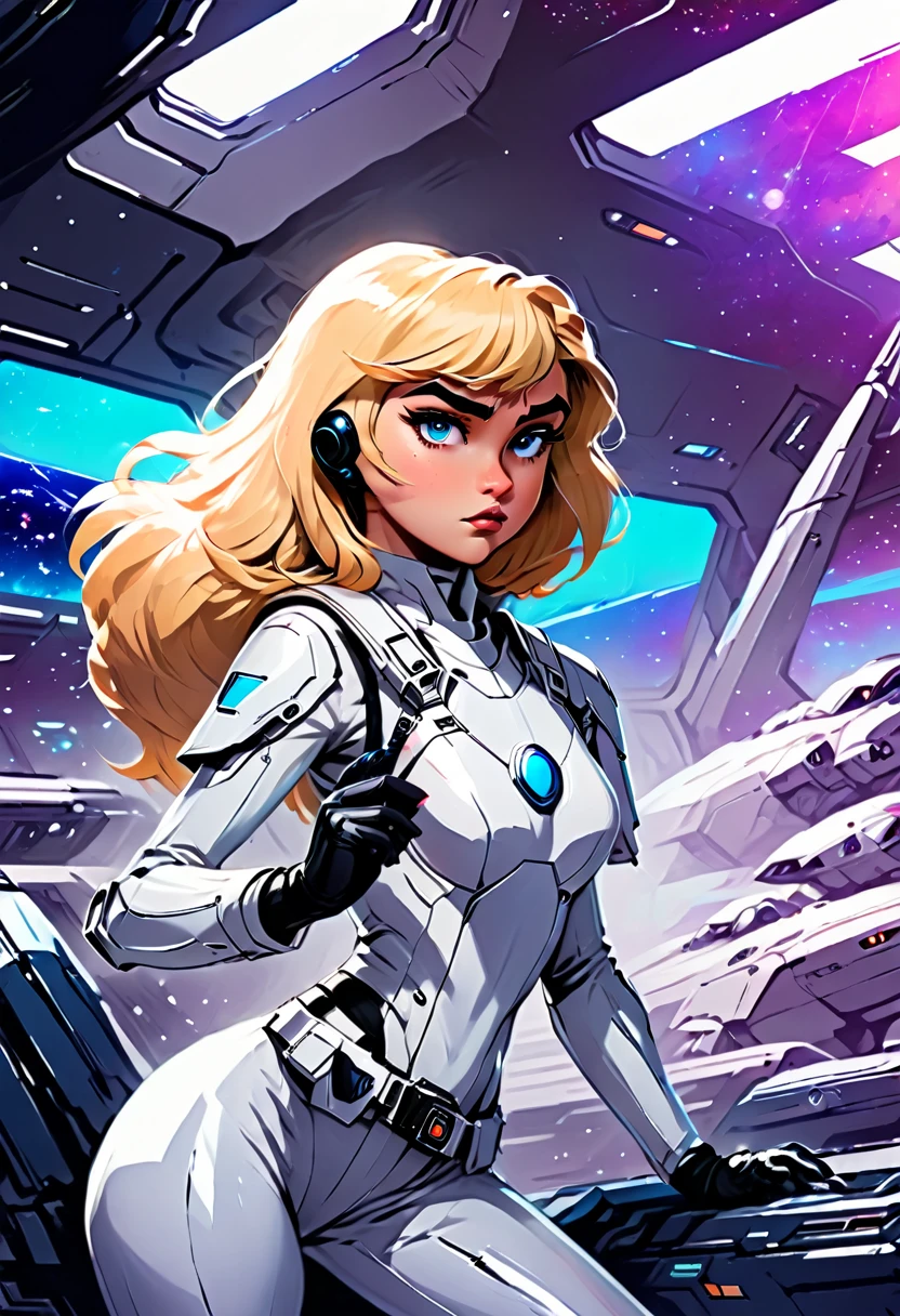 20 year old girl, blonde with shoulder-length straight hair with bangs, Body cute, blue colored eyes, spy agent, futuristic white costume, Science fiction, wielding a gun with both hands, sultry posing, on his knees, looking at the screen. Environment a hangar in space, Sunnyday. 