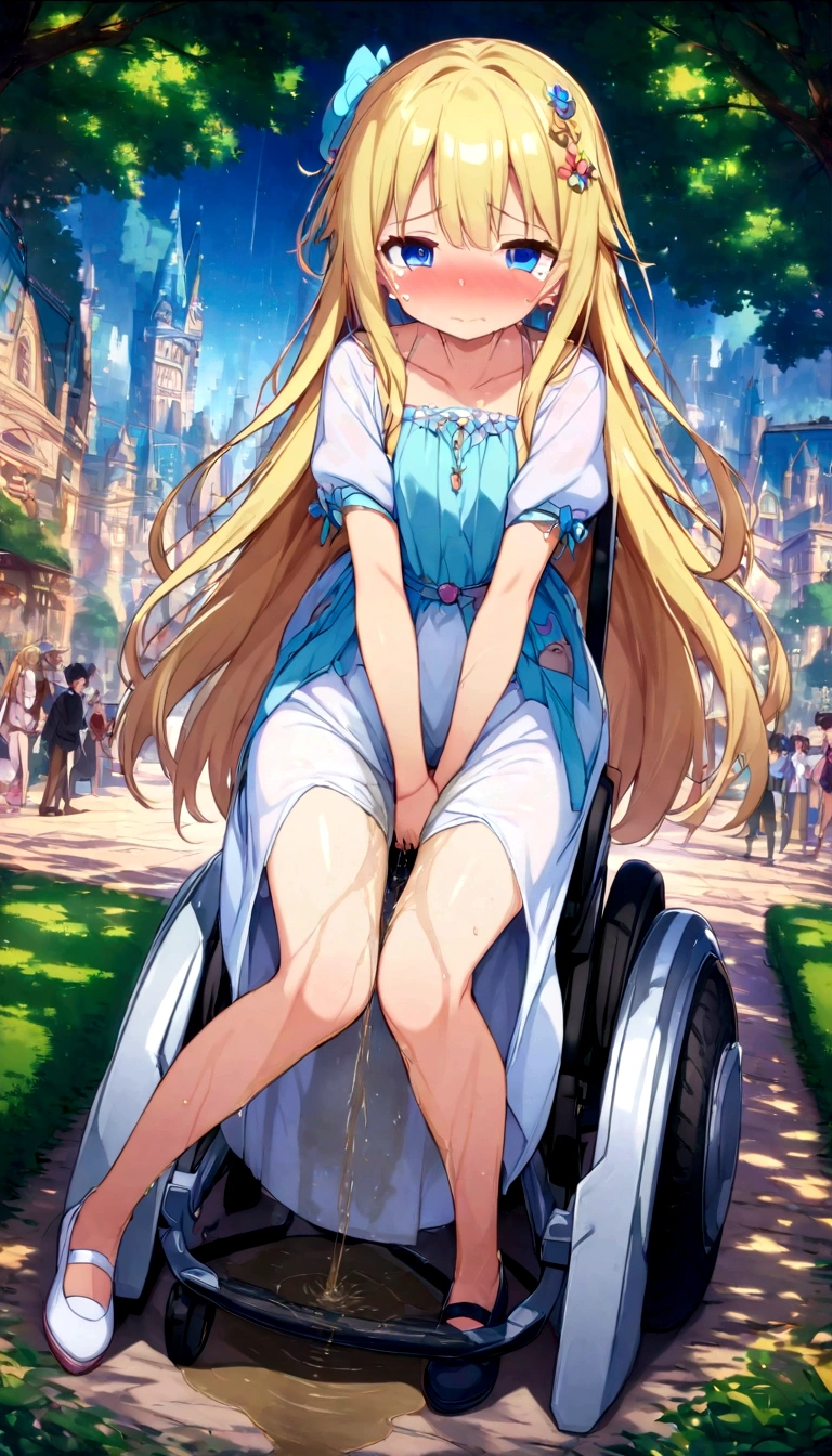 Anime. 1 girl. . . . Princess. Blonde. Long hair. Blue eyes. Beautiful eyes. Perfect eyes. Expressive eyes. Eyes covered with a faded film. Blind eyes. Blind. Ideal face. Ideal anatomical body. Beautiful long legs. Beautiful body. Beautiful nose. 12 ybarrassment. Blush. Beautiful character design. Shiny skin. Light white dress. Shoes. Hair decorations. Disabled person. Paralytic. Sitting. Wheelchair. Hands on crotch. Urinary incontinence. Wants to pee. She needs to pee. She has a strong, desperate urge to pee. He squeezes his crotch tightly. Rubs copper. Slight lean forward. She peed herself. Fantasy city. A park. Date. At the entrance to a public toilet. He takes off his wet panties. Tears in my eyes. Cry. Snot flows from the nose. Full body. nsfw. Official art. Extremely detailed CG Unity 8k wallpaper. Ideal lighting. Ultra high resolution 4K. Super detailed 8K. A high resolution.