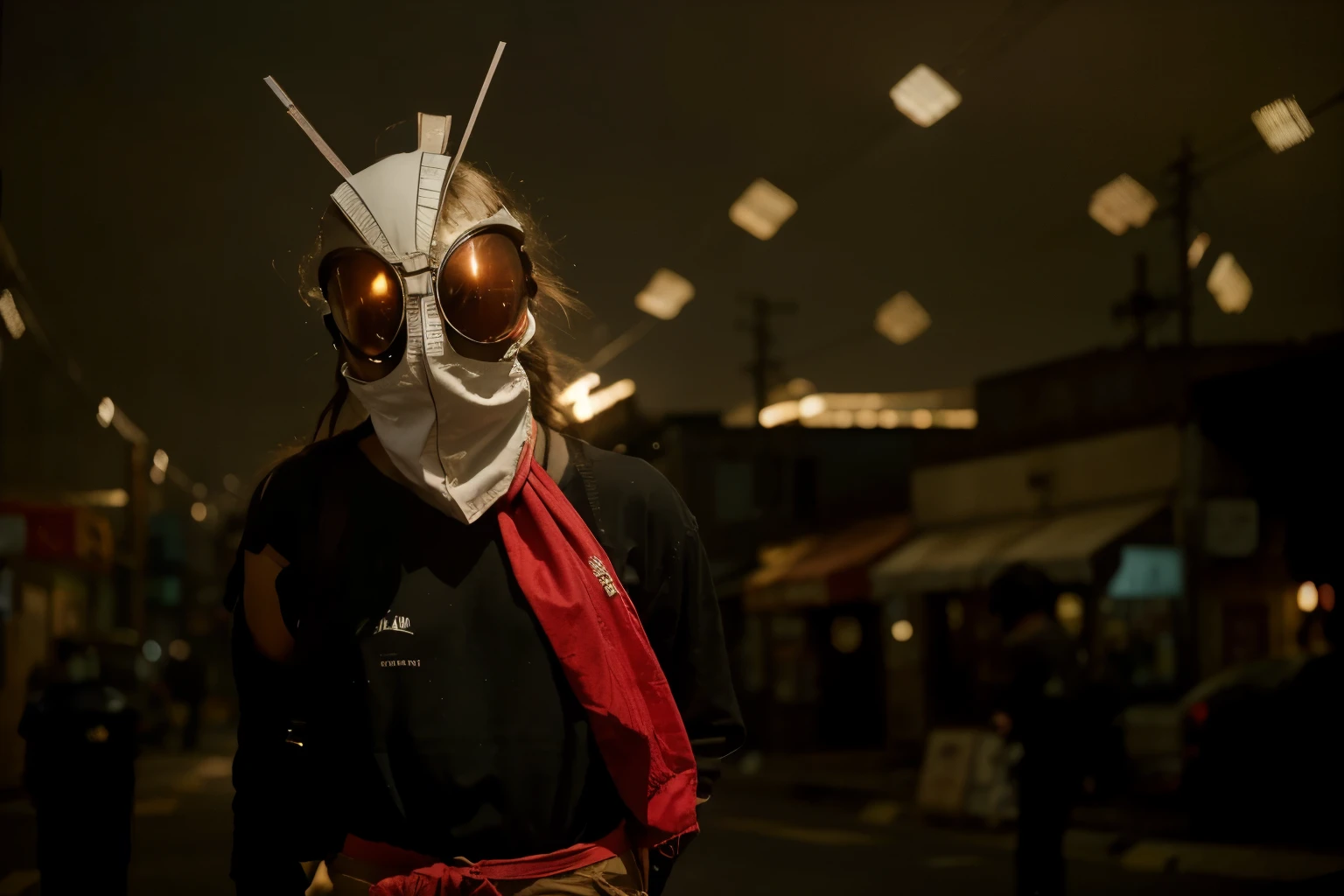 (Best quality, 8k, 32k, Masterpiece, UHD:1.2), "Transform the scene into a deserted urban street from 90s Japan, capturing the essence of the era's bustling cityscape, now eerily quiet and devoid of crowds. Picture a narrow street lined with mid-rise buildings that house a mix of small businesses and residential apartments. The architecture is a blend of concrete and glass, with faded advertisements and neon signs adorning the facades.

The pavement is well-worn, with a few cracks and patches of discoloration, reflecting years of use. Along the sides of the street, you can see old vending machines offering a variety of drinks and snacks, their lights still flickering in the dim light of early evening. Payphones stand as relics of a pre-digital age, and parked cars from the 90s add to the nostalgic feel.

The storefronts are closed, with metal shutters pulled down, some covered in graffiti. Above, a web of power lines and cables crisscrosses the sky, hanging between utility poles and buildings. Streetlights cast a soft, amber glow, illuminating the empty sidewalk and creating long shadows that stretch across the street.

Billboards advertising popular products and events from the 90s can be seen on the sides of buildings, their colors slightly faded by time. The atmosphere is quiet, almost serene, with the faint hum of distant traffic and the occasional sound of a passing train echoing through the urban canyon.

This setting should evoke a sense of nostalgia and stillness, transporting the viewer to a time when the city was alive with activity, now paused in a moment of calm and reflection."