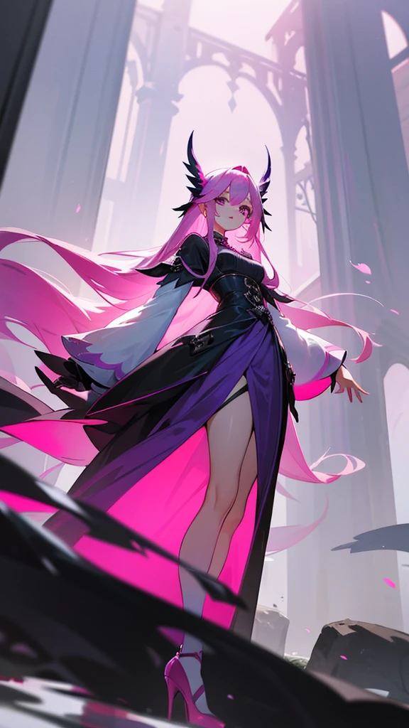 young girl, long straight hair to the waist, pink hair color, violet eye color, chest size is very, very large, goddess of death dress outfit, long skirt, Long front skirt, Long socks up to the upper thigh, black sock color, wear high heels, in the park.