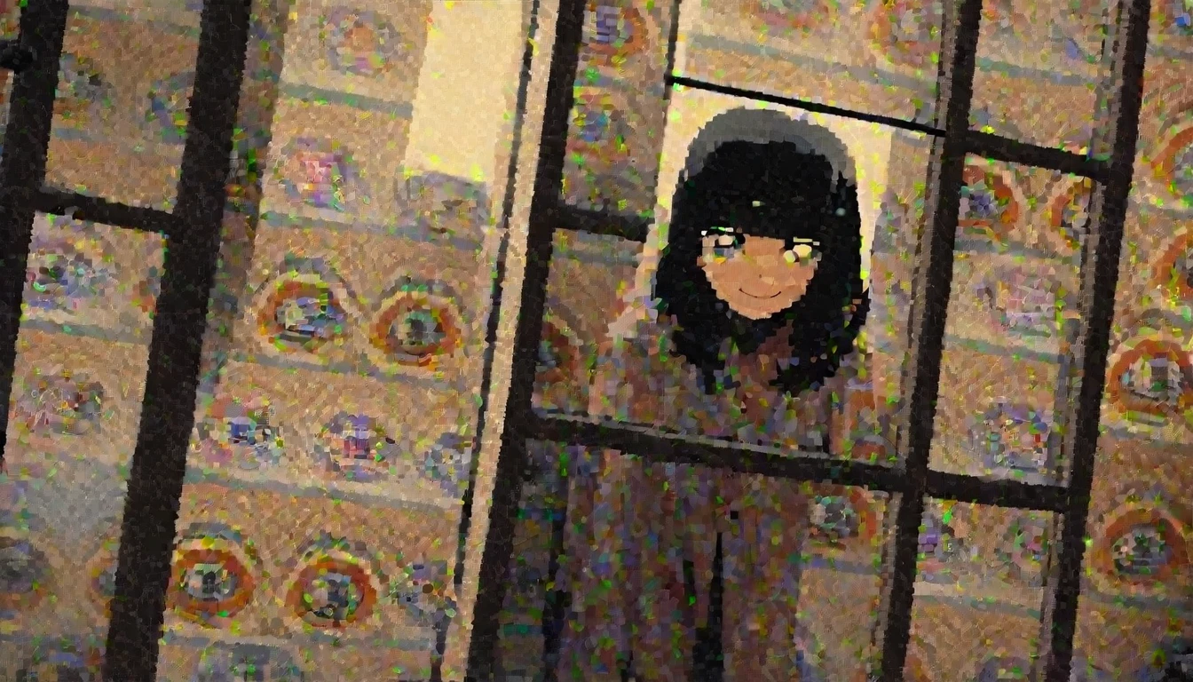 1girl, solo, gentle smile on her face flat chest, blue eyes, (detailed eyes), short hair, black hair, upper body, ((masterpiece, illustration, best quality)) ((best quality)), ((masterpiece)), (detailed), (masterpiece)),(((bestquality))), woman in the 1970s, with her hair and clothing from the 1970s, the woman is standing inside a 1970s corner store in new york, behind the window full of stickers and ads, looking out through the display window, the woman is looking straight at the camera with a lost look and a slight smile, (((the shot was taken from the outside of the store))), full color with a cinematographic lighting, high definition professional photography style ,photorealistic