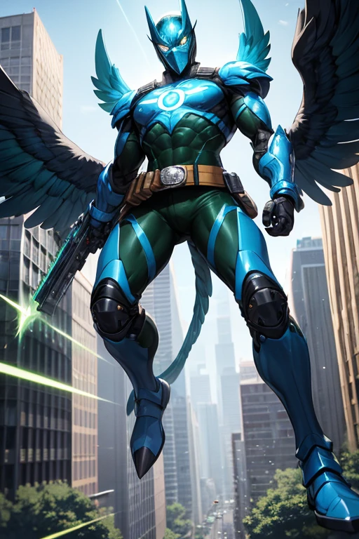 ((best quality)), ((masterpiece)), (detailed), 1 man, full body, 25 years old, masked, blue mask, blue head, uncovered mouth, biker helmet, blue helmet, parrot helmet, black neck, tall, thin, black beak, black details, a green parrot with a blue head on his side, metallic wings, wings on his arms, blue fingerless gloves, blue wristbands, luminous blue wings shooting lasers, blue suit resembling light armor, blue suit with an emblem, entirely green chest, emblem on his chest, green pants, deployable bird tail, metallic feathers, gray knee pads, metallic gray boots, metallic bird claws, black superhero belt, flying through the city, midday city background, anime