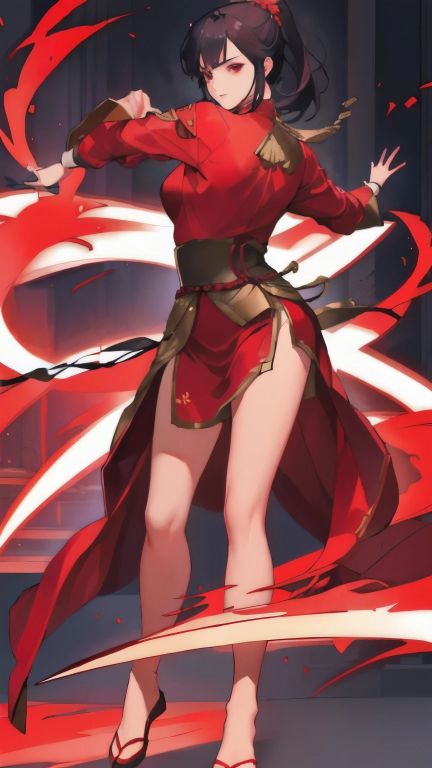 Gao Jiejie、A female swordsman in red clothes and a ponytail、Full body portrait、Holding a sword、Game portrait、Full body portrait from head to toe、Realistic body structure