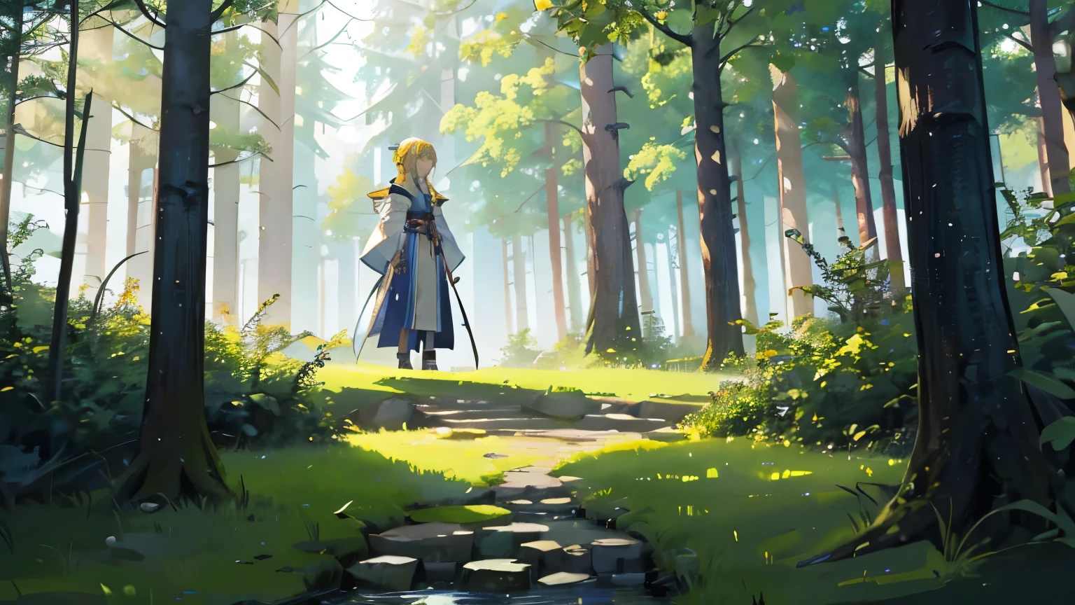 16:9 screen sizes、The blonde female wizard character is the one on the left side of the screen./Place it in position 3。 The protagonist stands strong and facing forward.、The surrounding area is a mystical forest landscape.。