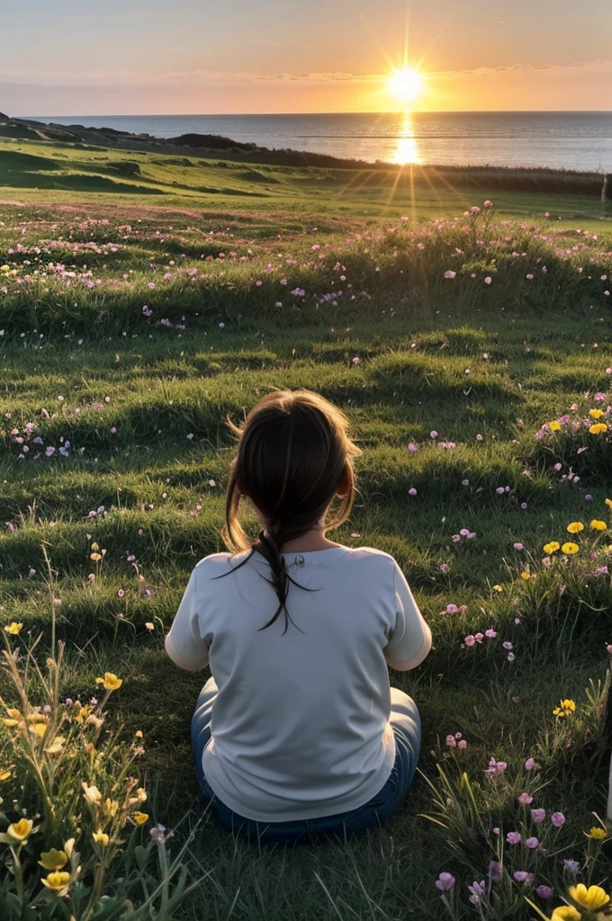 une image un peu style cartoon, simple d’un coucher de soleil avec une pelouse et un océan sur la pelouse, se trouve une fille brune, assise qui regarde le soleil avec une caméra Il y a des fleurs un peu de vent.