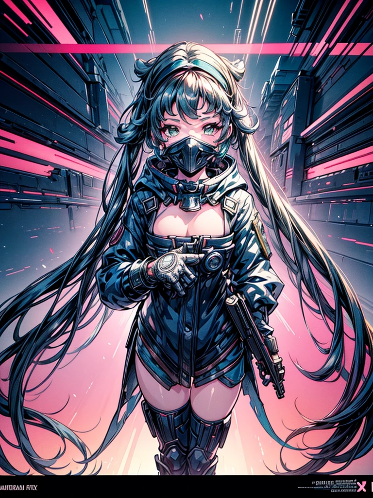 a beautiful detailed anime girl, sexy urban futuristic outfit, subzero mortal kombat mask covering mouth, submachine gun on back, masterpiece, 8k, ultra-detailed, photorealistic, intricate details, dramatic lighting, vibrant colors, cinematic composition, cyberpunk, science fiction, concept art style