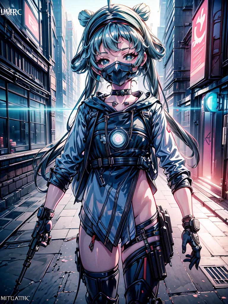 a beautiful detailed anime girl, sexy urban futuristic outfit, subzero mortal kombat mask covering mouth, submachine gun on back, masterpiece, 8k, ultra-detailed, photorealistic, intricate details, dramatic lighting, vibrant colors, cinematic composition, cyberpunk, science fiction, concept art style