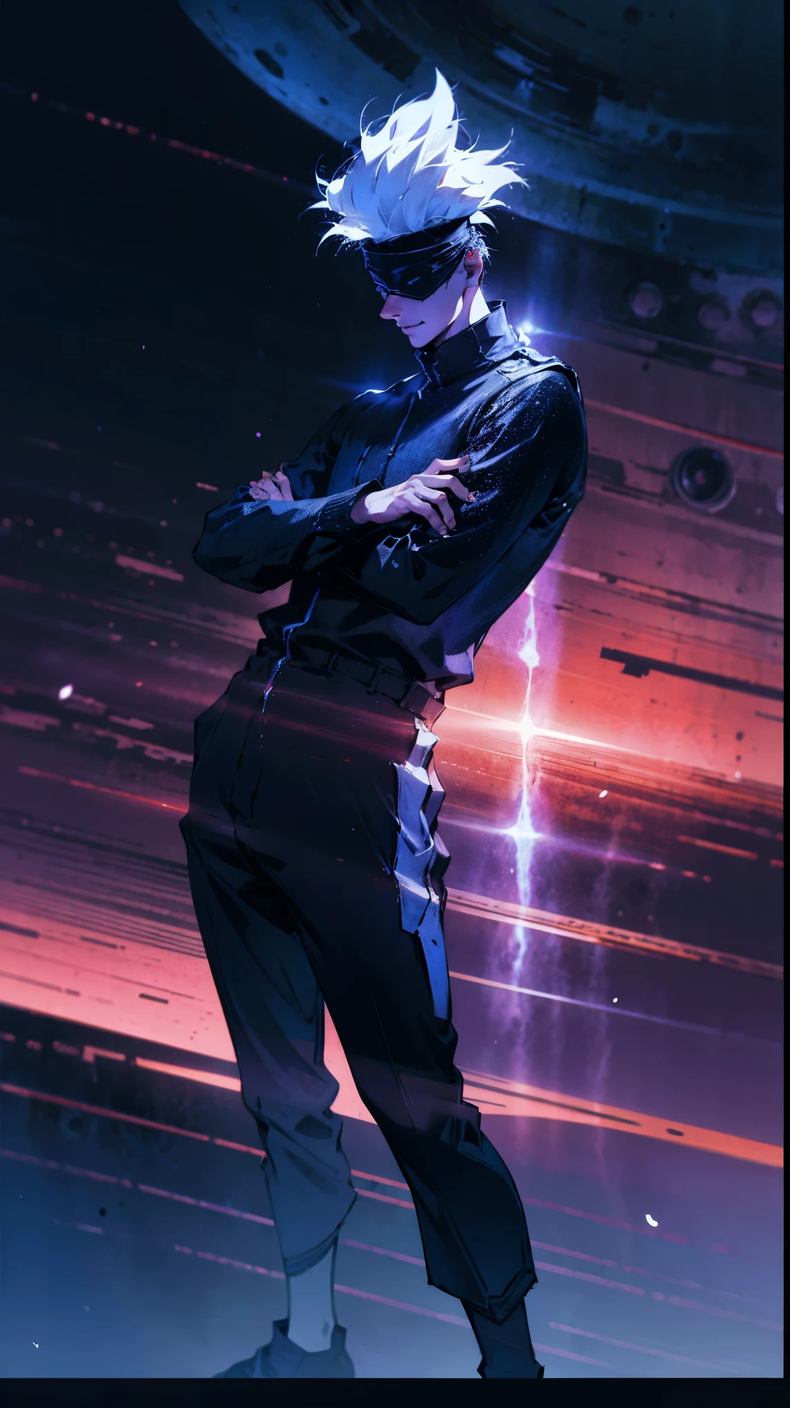 1boy, full body shot, perfect hand and fingers, satoru gojo, blindfold, black outfit, white hair, look at sky, smirk, red and blue moon city night background, wallpaper, cinematic,High resolution 8K, Bright light illumination, lens flare, sharpness, masterpiece, top-quality, The ultra -The high-definition, high resolution, extremely details CG, Anime style, Film Portrait Photography,masterpiece,hyperdetail, light attack, blue and red gives purple, infinity, throw light, energy attack,