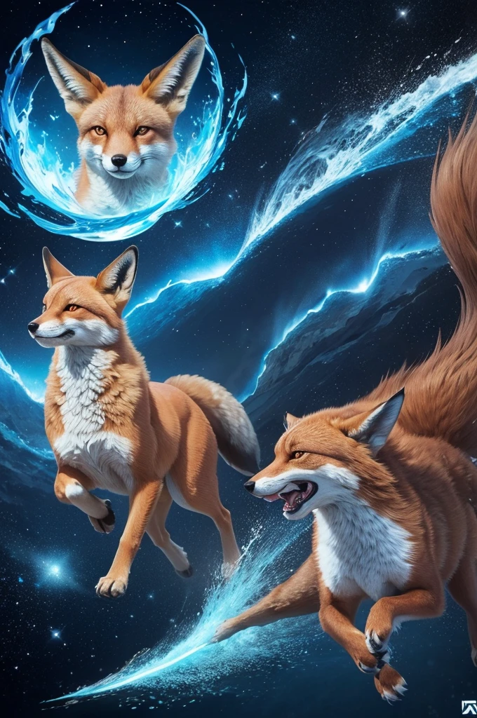 Draw a creative print of a brown fox with the appearance of an angry beast in a predominantly blue and white environment. The background of the print must contain the southern cruise constellation and the figure of the fox as the center of attention. The print must capture the essence of the fierce, competitive spirit associated with Cruzeiro Esporte Clube.