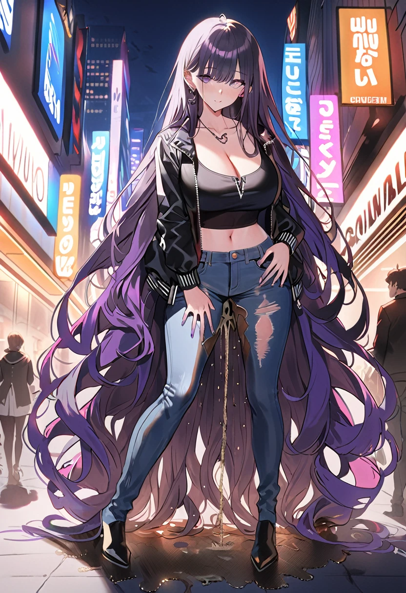 (masterpiece:1.37), best quality, (extremely detailed:1.37), woman, adult, (very long hair:1.5), (very dark purple hair:1.5), purple eyes, (extremely detailed eyes:1.37), large breasts, standing, (wetting self:2.0), large breasts, stylish jacket, multicolored jackt, jeans, cleavage, navel, city, high-tech, street, full body