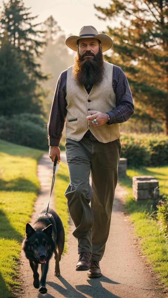 Eealista photo of man, age 45 , large, well-detailed beard, wearing country clothes, walking with your German Shepherd dog by your side, picture in 8k, Kodak photo, High definition