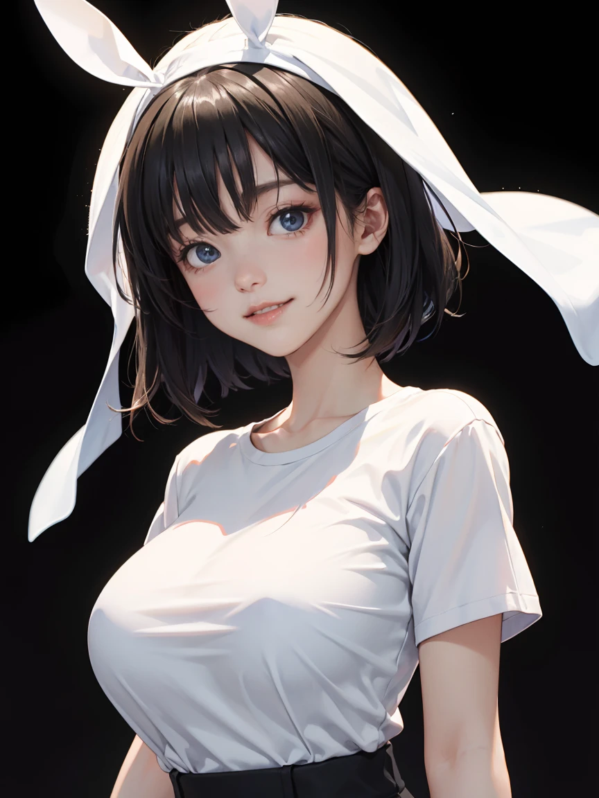 detailed eyes ,huge breasts , short hairstyle , portrait , white t-shirt , black background , black hair , smile , black eyes 