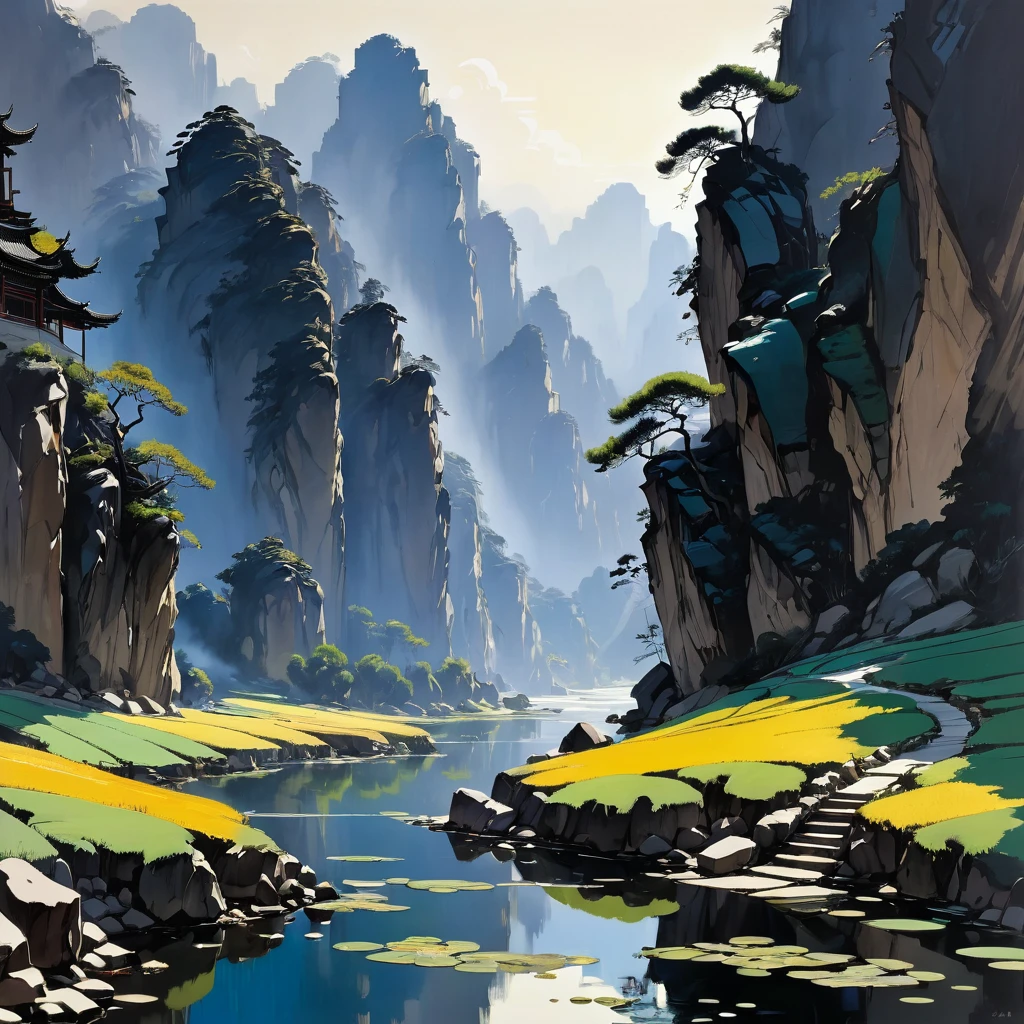 aesthetic, extremely detailed, Renowned, Masterful, Painting, mid shot, Wu Guanzhong's style, thoughtful, traditional Chinese art materials, serene environment, natural light, rice paper, ink, traditional Chinese, Impressionist, capturing the beauty of the Chinese landscape, intricately detailed, expressive brushstrokes, Wu Guanzhong, J.M.W. Turner, John Singer Sargent, Joaquin Sorolla, Zhang Daqian, Landscape only, Black and White.