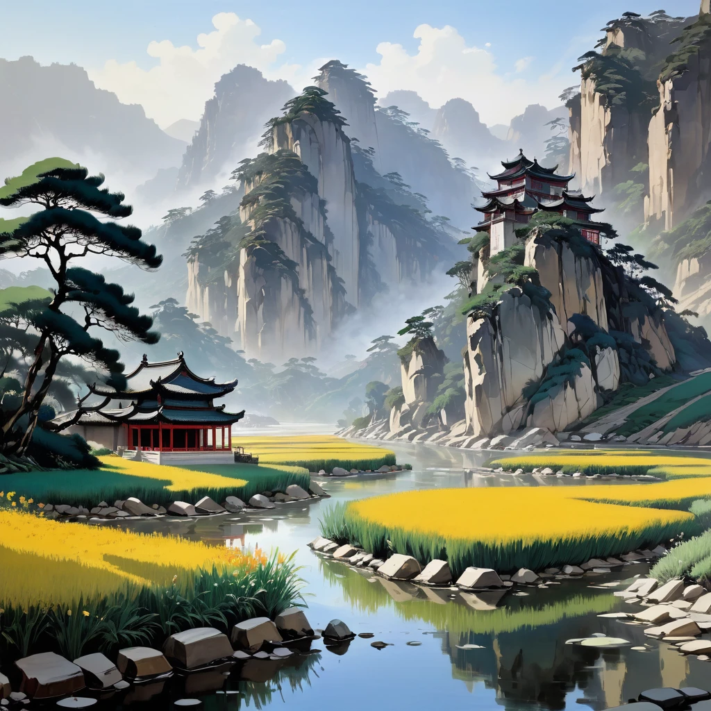 aesthetic, extremely detailed, Renowned, Masterful, Painting, mid shot, Wu Guanzhong's style, thoughtful, traditional Chinese art materials, serene environment, natural light, rice paper, ink, traditional Chinese, Impressionist, capturing the beauty of the Chinese landscape, intricately detailed, expressive brushstrokes, Wu Guanzhong, J.M.W. Turner, John Singer Sargent, Joaquin Sorolla, Zhang Daqian, Landscape only, Black and White.