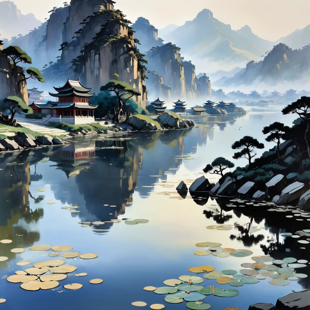 aesthetic, extremely detailed, Renowned, Masterful, Painting, mid shot, Wu Guanzhong's style, thoughtful, traditional Chinese art materials, serene environment, natural light, rice paper, ink, traditional Chinese, Impressionist, capturing the beauty of the Chinese landscape, intricately detailed, expressive brushstrokes, Wu Guanzhong, J.M.W. Turner, John Singer Sargent, Joaquin Sorolla, Zhang Daqian, Landscape only, Black and White.