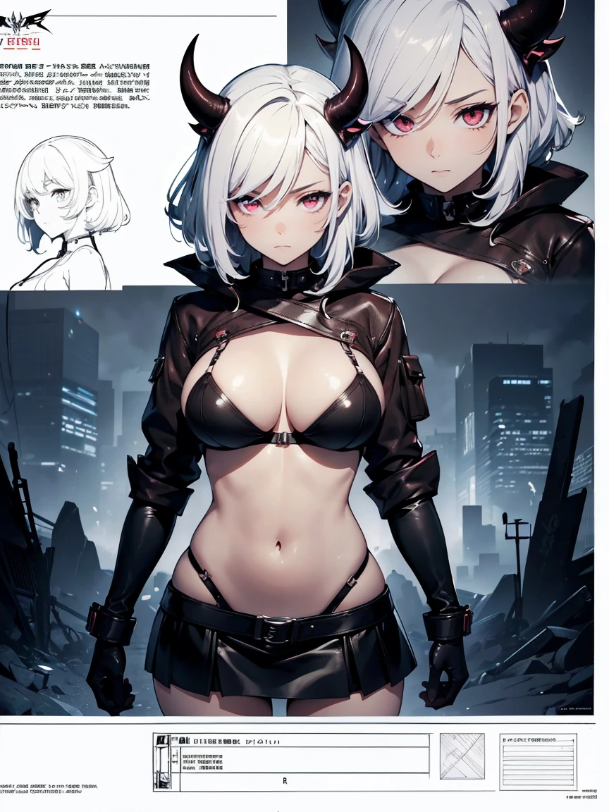 concept art, video game concept art, hentai game, anime, full body, best quality, masterpiece, maximum detail, high resolution, (((anime))), (((waifu))), (((hentai))), perfect anatomy, from the front, detailed background, High quality, incredible details, absurd res, full shot, ambient lighting, illuminated, female, (CharacterSheet:1), (multiple views, full body, upper body, reference sheet:1) photo(portrait, from the front, close up, facing camera) of a woman(solo, succubus, short hair, wavy hair, white hair, pale skin, executioner, small nose, red eyes, cruel face, black horns, sadistic, violent, evil, perverted, grim, cold, Black demonic wings, Black demonic tail, Thick thighs, Big tits, Short leather skirt, Leather bra, Leathaer boots, Leather gloves), hentai game, anime, best quality, masterpiece, maximum detail, high resolution
