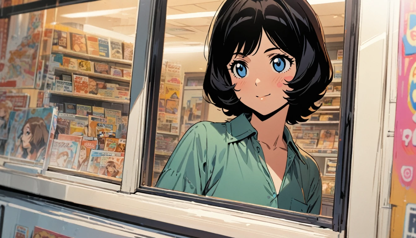 1girl, solo, gentle smile on her face flat chest, blue eyes, (detailed eyes), short hair, black hair, upper body, ((masterpiece, illustration, best quality)) ((best quality)), ((masterpiece)), (detailed), (masterpiece)),(((bestquality))), woman in the 1970s, with her hair and clothing from the 1970s, the woman is standing inside a 1970s corner store in new york, behind the window full of stickers and ads, looking out through the display window,