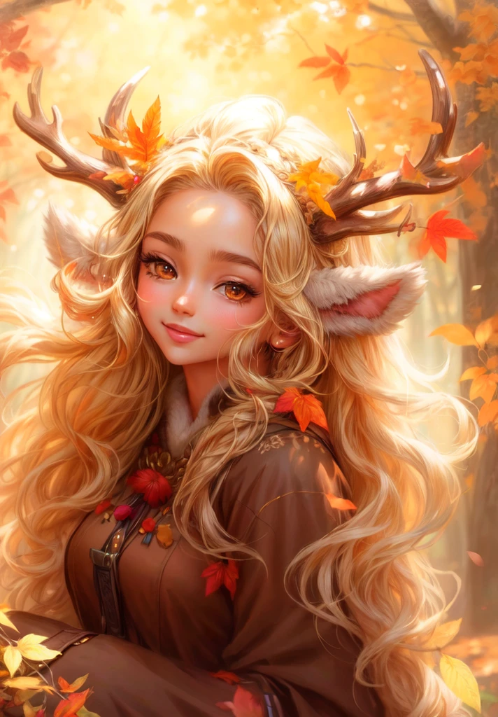 a ((brown skin)) young woman with long blonde hair and a deer antlers on her head,  (((one anter is broken ))), in a forest, cute, cute, smiling , full length happy,cute, open eye,gold eyes,sitting in the forest beautiful spring spirit, goddess of spring, style artgerm, seasons!! : 🌸 ☀ 🍂 ❄, artgerm anime girl with long hair, extremely detailed art germ, artgerm and atey ghailan, satyr fur legs