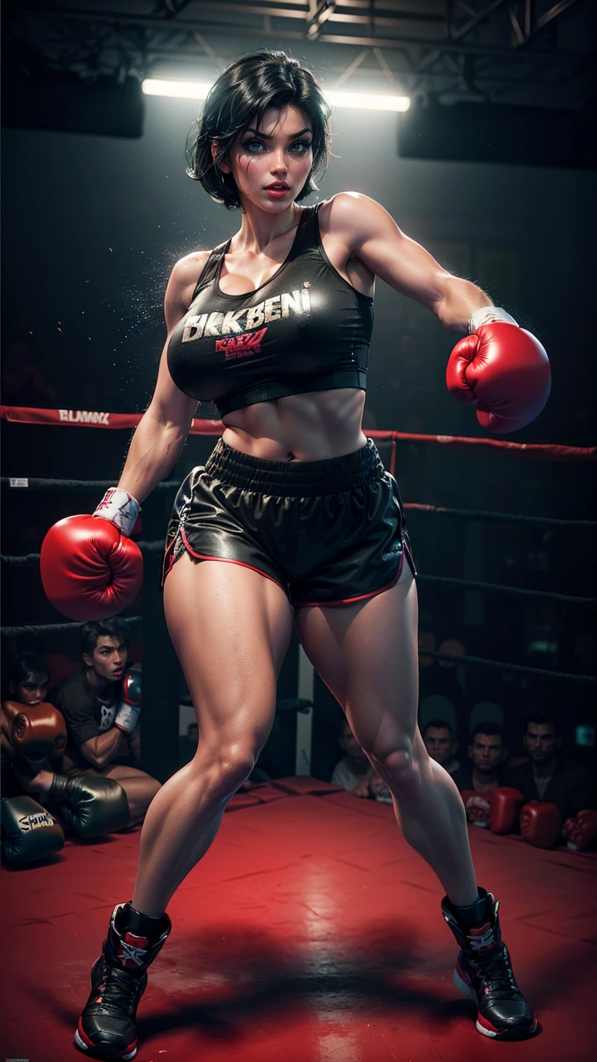 (best quality,highres:1.2), (ultra-detailed), (realistic:1.37), (HDR,UHD), (physically-based rendering), ((curvy thicc mature Denise Milani:1.2)), ((black boxing shorts:1.5)), ((skimpy boxing shorts:1.5)), (boxing boots), ((short, straight jet-black hair:1.4)), ((detailed green eyes:1.3)), (tiny waist), ((thicc:1.5)), ((firm perfectly round butt:1.2)), ((standing pose in a boxing ring)), (full-body portrait), (vivid colors), (hot red lips, makeup:1.3), (straight, short jet-black hair), ((skimpy sexy black boxing shorts:1.3)), sexy fighter, prominent breasts, rock solid breasts, missile shaped breasts that defy gravity, big_boltedontits, boltedontits, sakimichan, th3p1t,