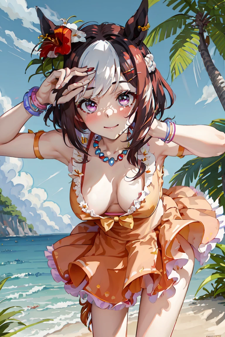 nsfw, Down blouse, special_week_\(umamusume\), Checkered Bikini, Bikini Skirt, necklace, jewelry, Hair Flowers, red Hair Flowers, hibiscus, Hair Clip, bracelet, View your viewers, smile, blush, Horse tail, (Leaning forward:1.5), Are standing, Beach, sunlight, wood