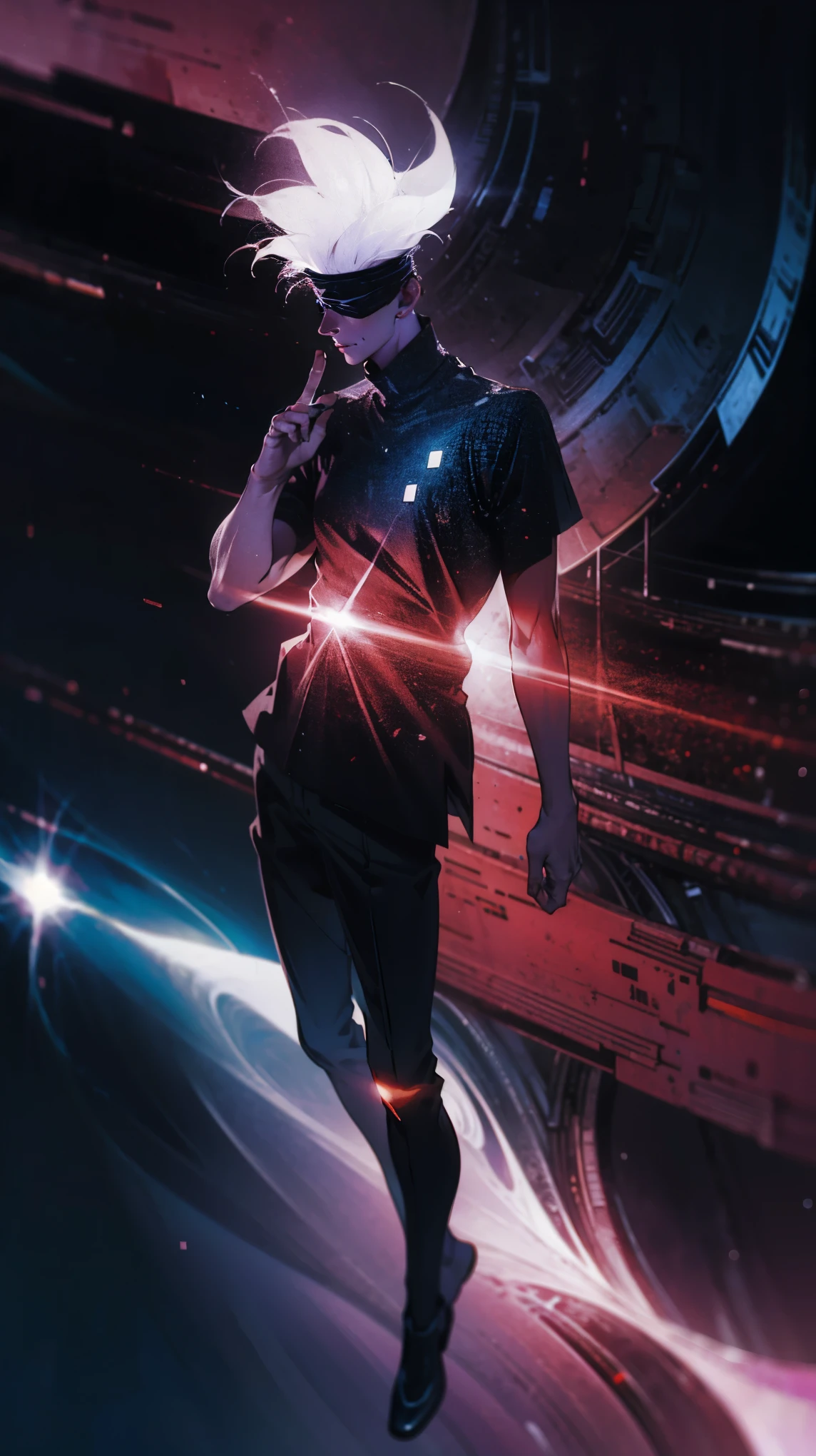 1boy, full body shot, perfect hand and fingers, satoru gojo, blindfold, black outfit, white hair, look at sky, smirk, red and blue moon city night background, wallpaper, cinematic,High resolution 8K, Bright light illumination, lens flare, sharpness, masterpiece, top-quality, The ultra -The high-definition, high resolution, extremely details CG, Anime style, Film Portrait Photography,masterpiece,hyperdetail, light attack, blue and red gives purple, infinity, throw light, energy attack,