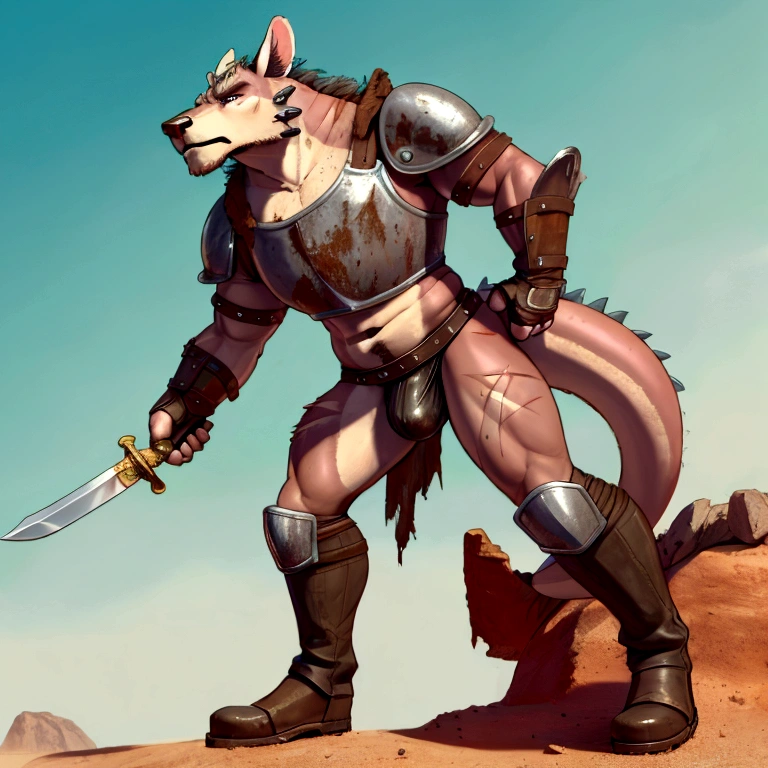 Solo Sexy anthro furry dragon male mercenary medieval solider, slim endomorph muscular handsone model male apperance, sword scars, worn out rusty skimpy armament, low on hips heavy leather belt, old very worn out skimpy dirty linen material jockstrap, old yellow dirty worn out stains on white jockstrap, studded skimpy armlets breastplate armor, skimpy breastplate, leather bondages, fingerless leather gloves, smelly unwashed husk, dirty body look, desert battlefield, standing in sexy fighting position, close view of full character