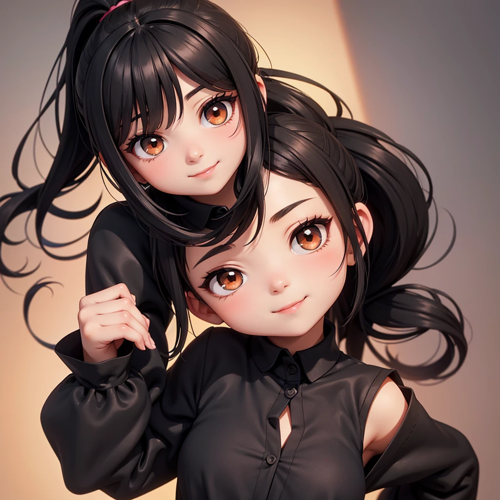 chibi a beautiful young woman with small aesthetic breasts, long black hair in a ponytail, brown eyes, a pretty face, wearing a black silk shirt dress, a slight smile, full body shot