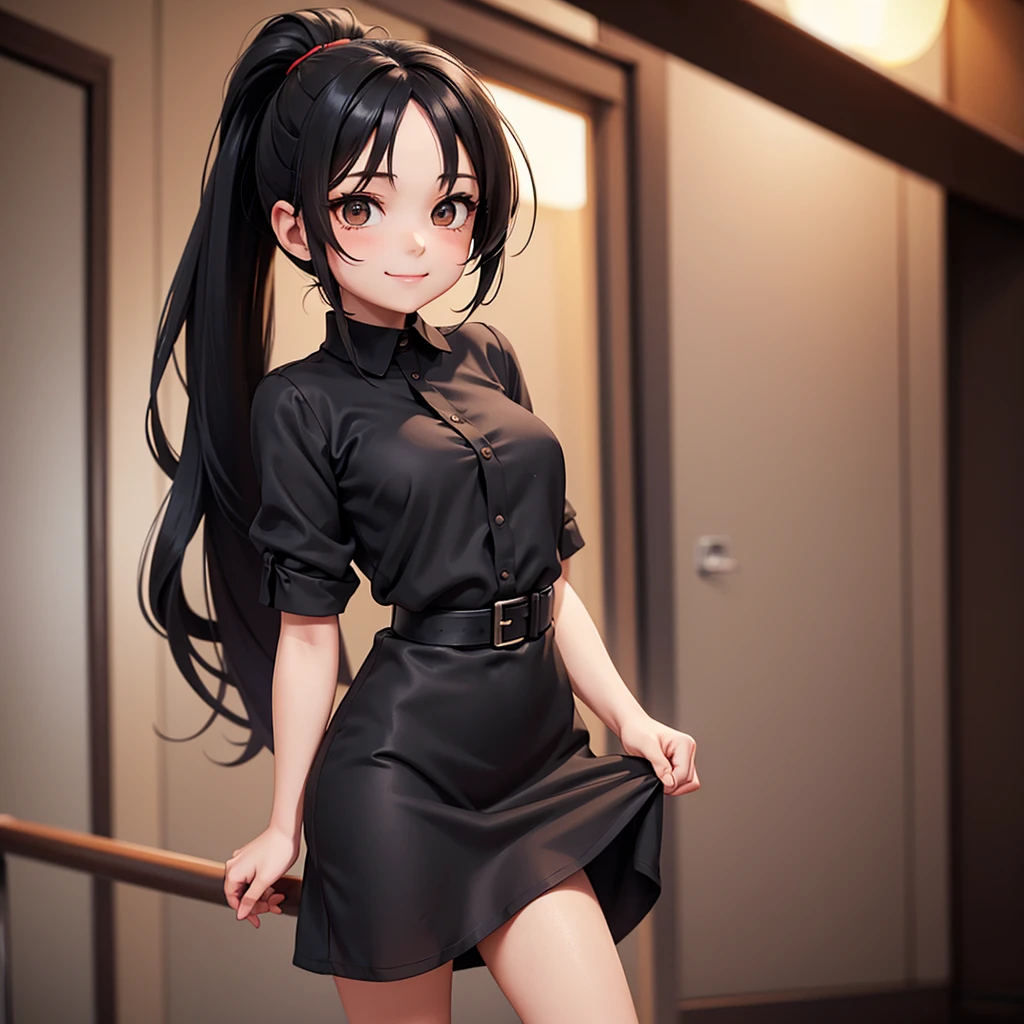 chibi a beautiful young woman with small aesthetic breasts, long black hair in a ponytail, brown eyes, a pretty face, wearing a black silk shirt dress, a slight smile, full body shot