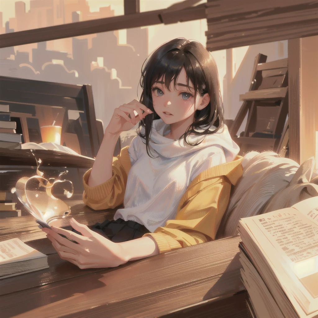 detailed portrait of a young woman reading a book in the evening light, warm sunset colors, cozy atmosphere, intricate details, soft glowing lighting, photorealistic, 8k, high resolution, (best quality,4k,8k,highres,masterpiece:1.2),ultra-detailed,(realistic,photorealistic,photo-realistic:1.37),detailed face and eyes,beautiful long eyelashes,delicate features,serene expression,relaxed pose,soft fabric textures,wooden table,bookshelves,warm lighting,golden hour,depth of field,atmospheric