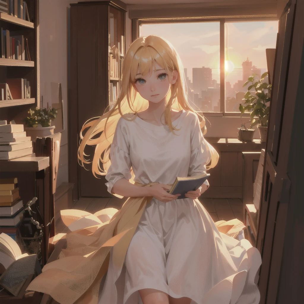 detailed portrait of a young woman reading a book in the evening light, warm sunset colors, cozy atmosphere, intricate details, soft glowing lighting, photorealistic, 8k, high resolution, (best quality,4k,8k,highres,masterpiece:1.2),ultra-detailed,(realistic,photorealistic,photo-realistic:1.37),detailed face and eyes,beautiful long eyelashes,delicate features,serene expression,relaxed pose,soft fabric textures,wooden table,bookshelves,warm lighting,golden hour,depth of field,atmospheric