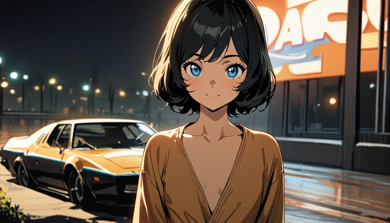1girl, solo, gentle smile on her face flat chest, blue eyes, (detailed eyes), short hair, black hair, upper body, ((masterpiece, illustration, best quality)) ((best quality)), ((masterpiece)), (detailed), (masterpiece)),(((bestquality))), woman in the 1970s, with her hair and clothing from the 1970s, the woman is standing beside a 1970s sports car during night time