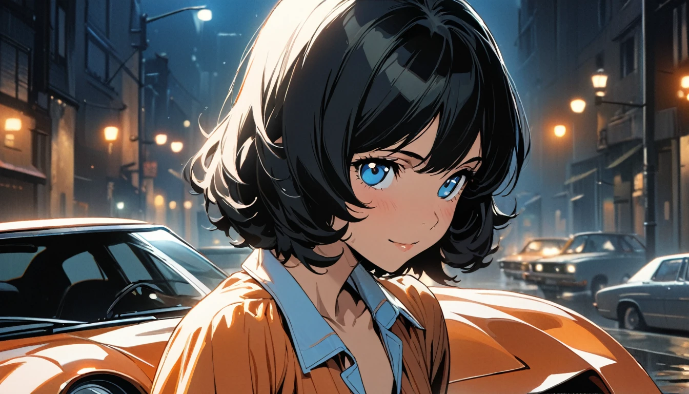1girl, solo, gentle smile on her face flat chest, blue eyes, (detailed eyes), short hair, black hair, upper body, ((masterpiece, illustration, best quality)) ((best quality)), ((masterpiece)), (detailed), (masterpiece)),(((bestquality))), woman in the 1970s, with her hair and clothing from the 1970s, the woman is standing beside a 1970s sports car during night time