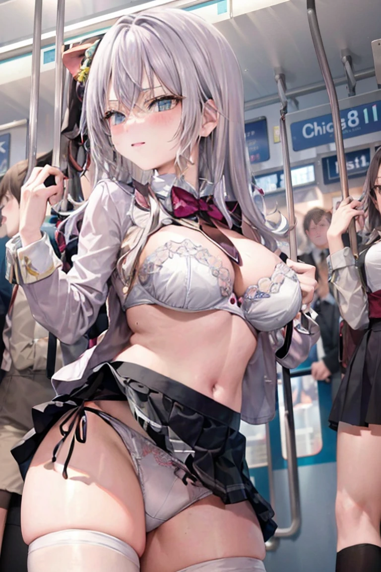 masterpiece, best quality, skirt, bag, jacket, socks, looking at viewer,plaid, blazer, brown hair, plaid skirt,(white socks:1.8),(thigh-high socks:1.8),long sleeves, bangs, open clothes, open jacket, bow, brown eyes, pleated skirt, bowtie, day, long hair, bush, red bow, kneehighs, shirt, sleeves past wrists, backpack,, red bowtie,(beige jacket:1.8), school bag,(black skirt:1.8), blurry, collared shirt, miniskirt, white shirt, cardigan, grass, sweater, light smile, (Illustration:0.8), (beautiful detailed eyes:1.6),(Fully exposed panties:1.8)、(1 girl standing:1.5),nsrf,grabbing another's ass,short stature,(orgasm:0.8), BREAK lotr of people,(crowded train:1.8),(rush hour train:1.8),(man with office suit:1.7),BREAK (turn up the skirt:1.7),(shirt lift:1.7),(bra lift:1.8), (nipples:1.2), (chikan:1.9),(vaginal sex:1.5), (frying hands:1.1), (fresher:1.5),(:1.6),(curvy:1.5),(zettai ryouiki:1.8),(cute panties:1.8),(white panties:1.8),(pink panties:1.1),(white bra:1.8), (turn up the brassiere:1.7), (misaligned brassiere:1.5),breast slip,breasts out, BREAK breasta_on_glass,povbrestgrab,(panties shot:1.5),(up skirt:1.5), grabbing another's breast,close contact with men,cohesive,(train:1.7), (surprised),(nose blush),(open clothes:1.3),(disordered shirt:1.1),(undressing:1.5), BREAK (from below:1.8),(cowboy shot:1.9),(dynamic angle:1.8),looking down,(spread legs:1.5),BREAK