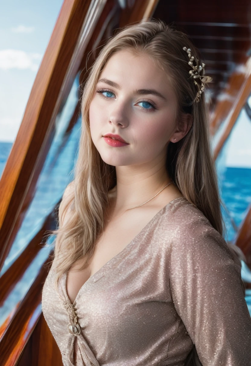 Seeking a skilled photographer to capture a stunning high-resolution portrait of a young Russian teen woman on in a space ship, capturing her natural beauty and innocence. The subject should exude charm and grace, with emphasis on her youthful features and the serene backdrop of the ocean. The girl's height should be conveyed through the composition, highlighting her stature relative to her surroundings. Preference given to photographers with experience in portrait photography and capturing the essence of youth and natural beauty." Cleavage