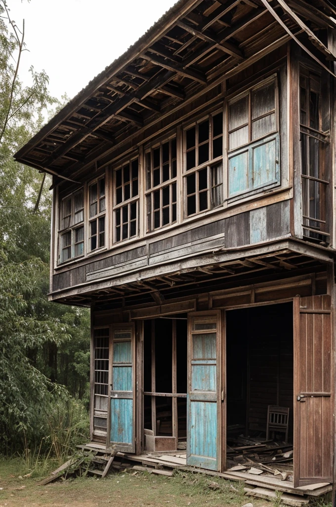 an old book outside a dilapidated and abandoned wooden house