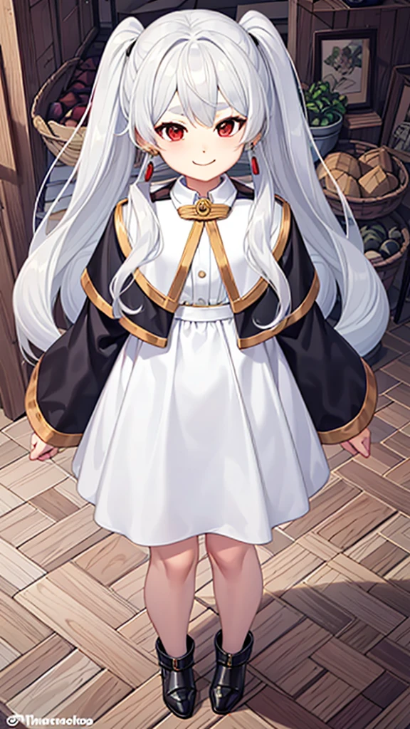 Smile, looking at viewer, ((masterpiece,best quality)), aafrie, long hair, white hair, twintails,  earrings, red eyes, thick eyebrows, white capelet, striped shirt, long sleeves, 