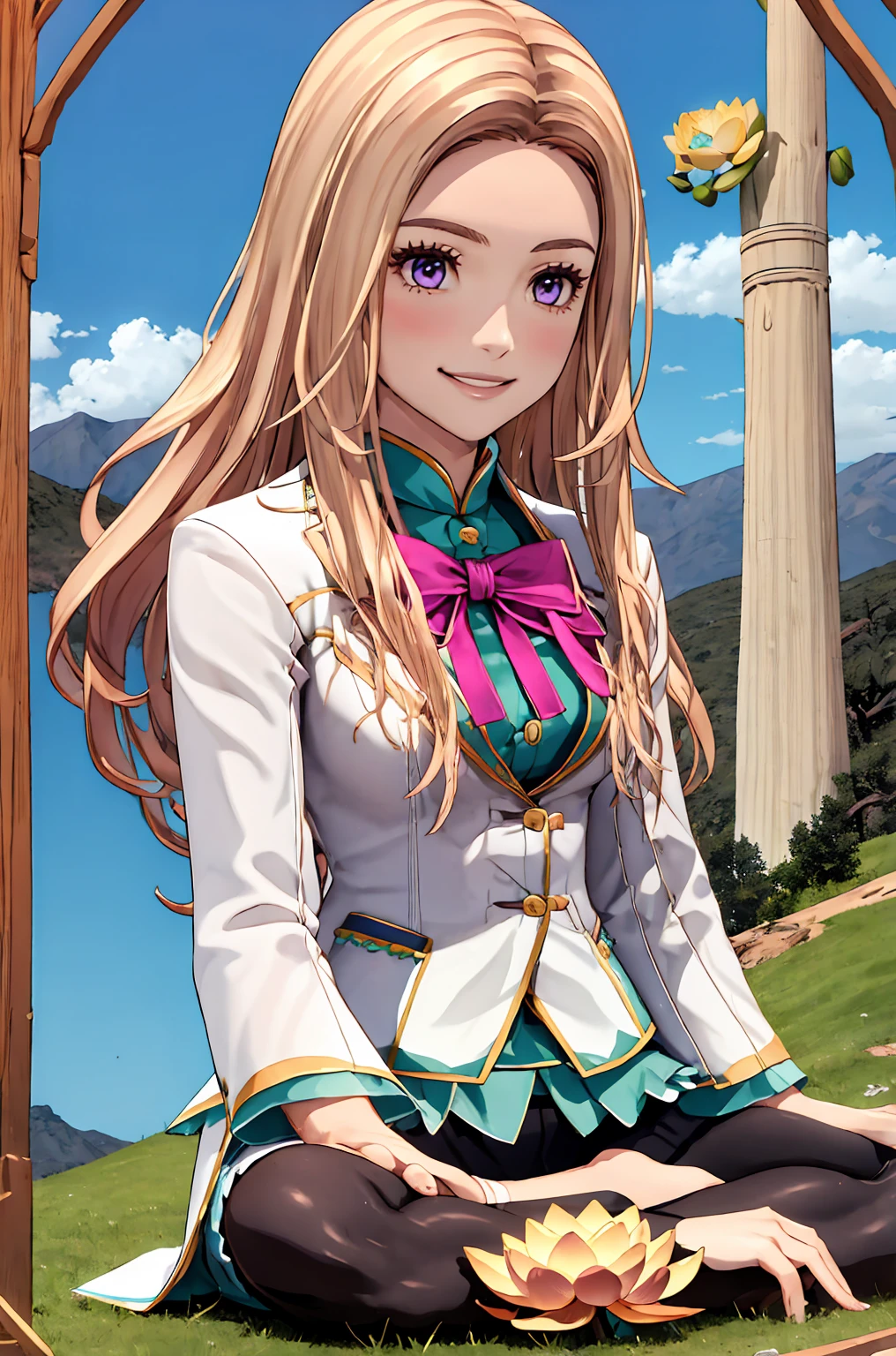 Highest quality, (Tabletop:1.2), figure, Absurd,   
(One Girl), (alone), (Beautiful detailed girl), whole body, 
Blonde, Long Hair, Swept-apart bangs, amount, Purple eyes, Medium chest,
White suit, Green undershirt, Green ruffles, (White mini skirt:1.5), Pink Ribbon, black_pantyhose, High heels, (((Indian Style, lotus position、Sit on the ground))), ((Skirt rip, Showing panties)), ((Panties under pantyhose)),
View your viewers, smile,
desert, sun, Sky Porn,