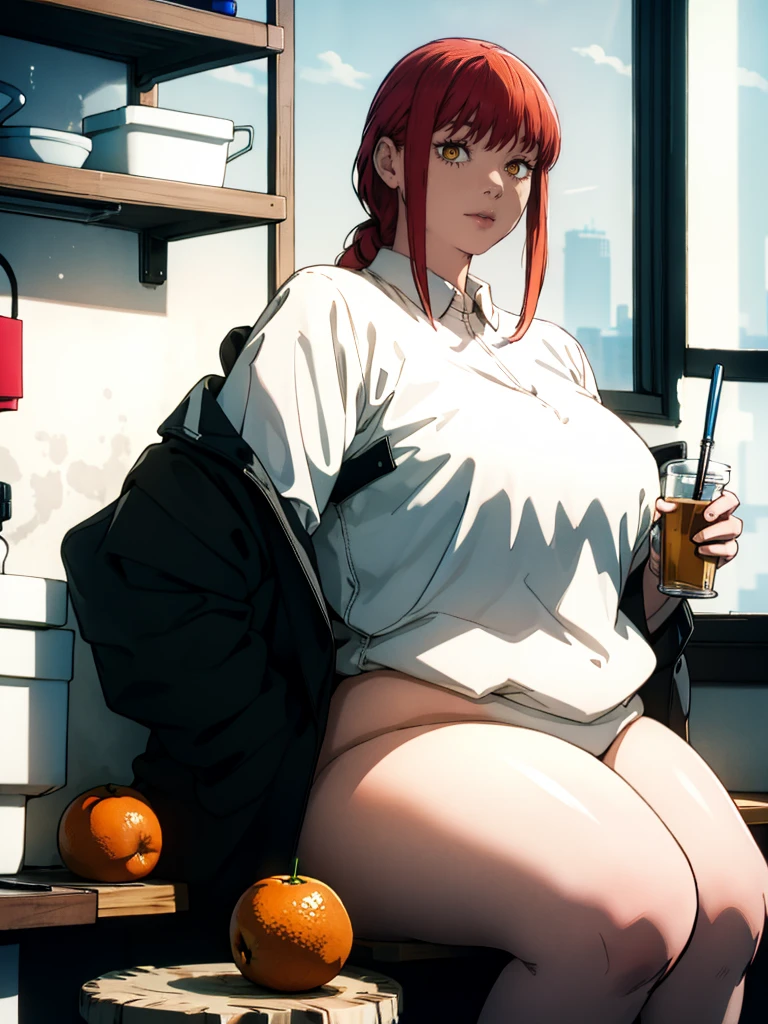Le personnage Makima de la série animée Chainsaw Man, fragile, obésité morbide, ssbbw, pleine longueur (corps entier 1.1.), fond sombre, obscurité, anatomie correcte 1.1, anatomie correcte de la main, Très féminin, corps gras et rond, grosses Jambes, fesses, beau corps obèse, ventre rond et mou très gras, ventre visible, cheveux roux, Yeux oranges, Cercles rouges pour les écoliers, chemise blanche, jupe noire, cravate noire, pose sexy, réaliste, very détaillé, beau corps, détaillé body, détaillé hands, détaillé, vibrant, détaillé Face, Conception des personnages de Makima. very détaillé, détaillé body, détaillé hands, détaillé Face, Art animé, Hugh Détails, Visage très abattu, détaillé eyes, Illustration ultra fine, Meilleure ombre, détail fin, beautiful détaillé glow, beautiful détaillé, Extraordinairement beau, extremely détaillé, inexpressif, composition épique, Style animé. art animé, Style animé. Jupe noire, chemise blanche, cravatte, pose sexy