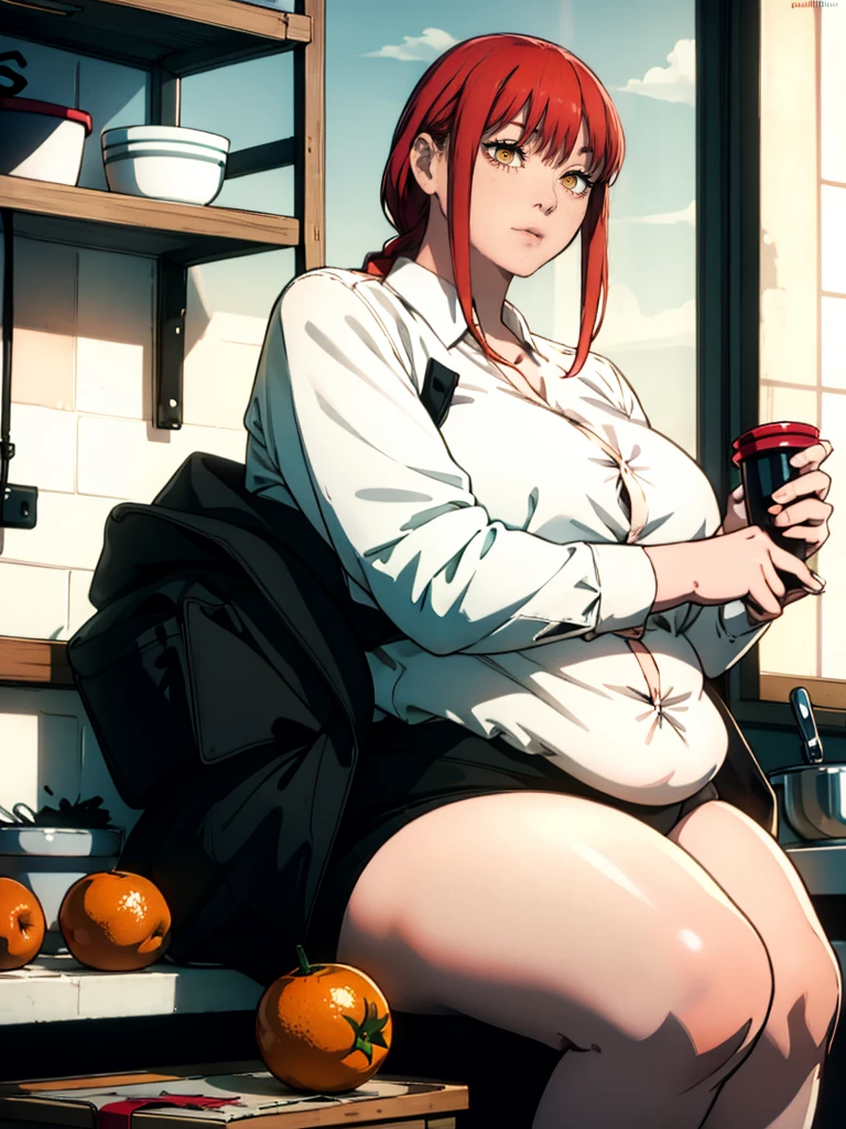Le personnage Makima de la série animée Chainsaw Man, fragile, obésité morbide, ssbbw, pleine longueur (corps entier 1.1.), fond sombre, obscurité, anatomie correcte 1.1, anatomie correcte de la main, Très féminin, corps gras et rond, grosses Jambes, fesses, beau corps obèse, ventre rond et mou très gras, ventre visible, cheveux roux, Yeux oranges, Cercles rouges pour les écoliers, chemise blanche, jupe noire, cravate noire, pose sexy, réaliste, very détaillé, beau corps, détaillé body, détaillé hands, détaillé, vibrant, détaillé Face, Conception des personnages de Makima. very détaillé, détaillé body, détaillé hands, détaillé Face, Art animé, Hugh Détails, Visage très abattu, détaillé eyes, Illustration ultra fine, Meilleure ombre, détail fin, beautiful détaillé glow, beautiful détaillé, Extraordinairement beau, extremely détaillé, inexpressif, composition épique, Style animé. art animé, Style animé. Jupe noire, chemise blanche, cravatte, pose sexy