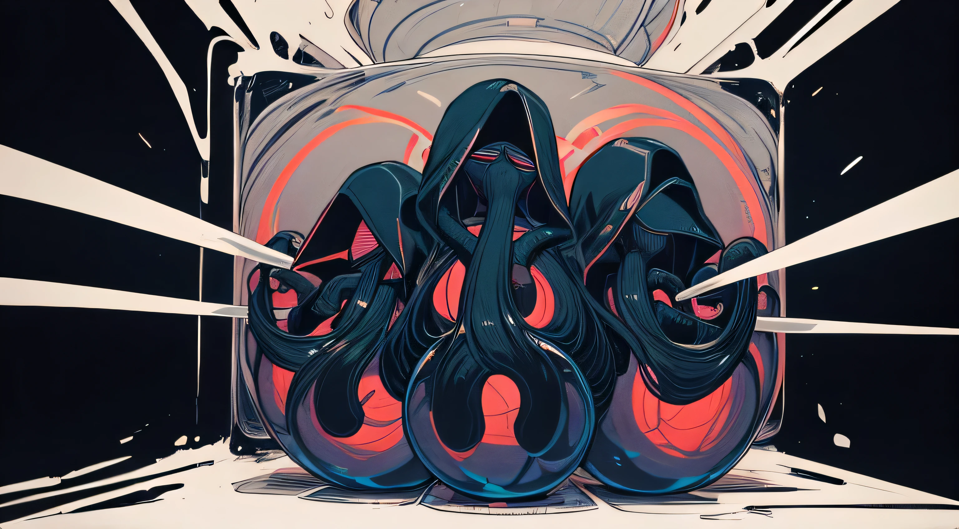 best quality, ultra-detailed, best illustration, masterpiece, high res (1girl:1.3), (thick thighs:1.7), ((solo)), (perfect anatomy) (perfect face), ((anime girl)), (((1girl)))), (((solo))), ((((alone)))) medium dark brown hair, ((((fully enclosed smiling mask)))), (((faceless))), (((glowing red eyes))), ((((brown skin)))), (wide hips:1.7), (huge breasts:1.7), (narrow waist:2), standing in a dark room, (((full body skin tight white and red suit))), ((((being held in the air and fucked by blue glowing tentacles)))), (((penetration))), (excessive amount of yellow glowing cum in face), ((cum n body)), ((cum on face)), ((excessive amount cum)), ((cum in chest))