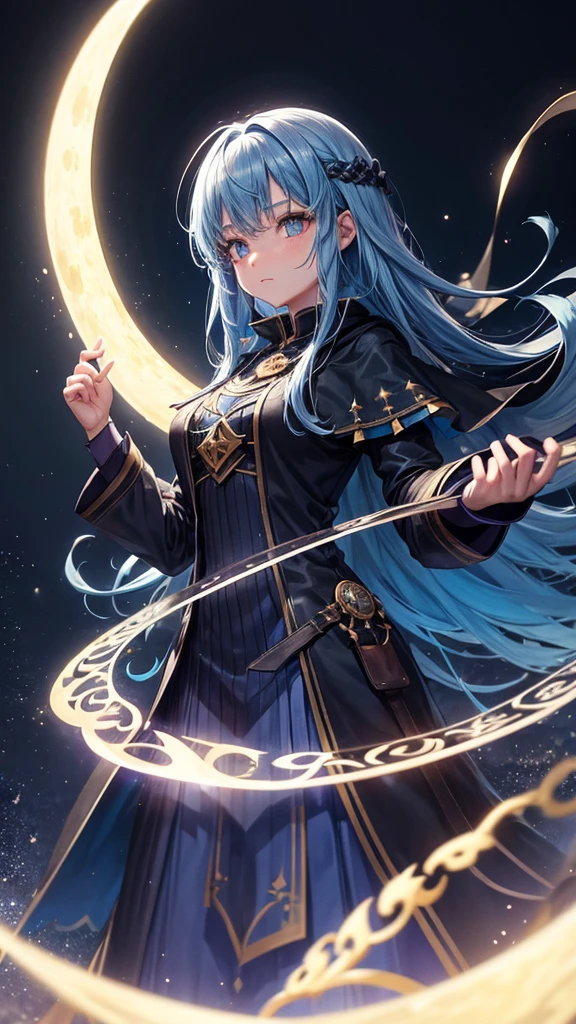 A girl, Blue hair, black Wizard outfit, big moon, night, Magic circle background