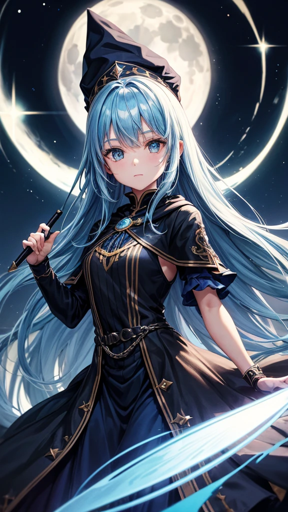 A girl, Blue hair, black Wizard outfit, big moon, night, Magic circle background