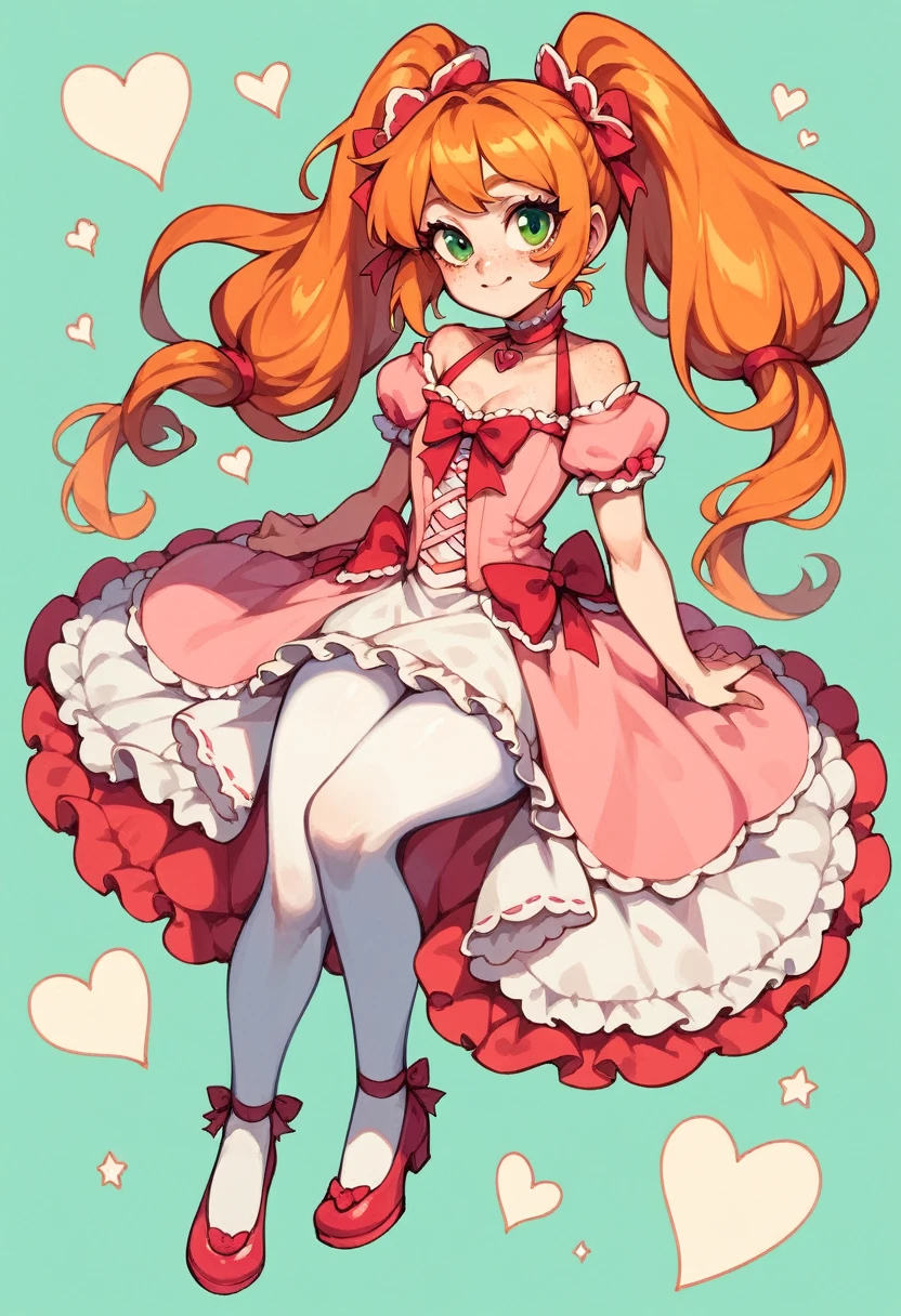 girl, White skin, shoulder length orange hair, loose and with ponytails, green eyes with hearts in the highlights, red eyelashes, freckles, pink lolita dress, pink shoes, white tights