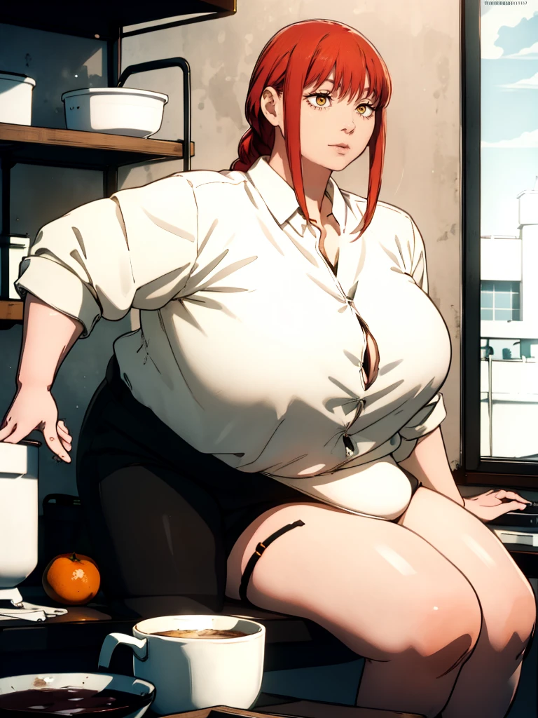 Le personnage Makima de la série animée Chainsaw Man, fragile, obésité morbide, ssbbw, pleine longueur (corps entier 1.1.), fond sombre, obscurité, anatomie correcte 1.1, anatomie correcte de la main, Très féminin, corps gras et rond, grosses Jambes, fesses, beau corps obèse, ventre rond et mou très gras, ventre visible, cheveux roux, Yeux oranges, Cercles rouges pour les écoliers, chemise blanche, jupe noire, cravate noire, pose sexy, réaliste, very détaillé, beau corps, détaillé body, détaillé hands, détaillé, vibrant, détaillé Face, Conception des personnages de Makima. very détaillé, détaillé body, détaillé hands, détaillé Face, Art animé, Hugh Détails, Visage très abattu, détaillé eyes, Illustration ultra fine, Meilleure ombre, détail fin, beautiful détaillé glow, beautiful détaillé, Extraordinairement beau, extremely détaillé, inexpressif, composition épique, Style animé. art animé, Style animé. Jupe noire, chemise blanche, cravatte, pose sexy