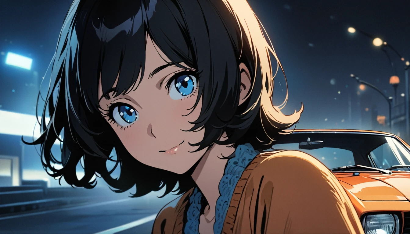 1girl, solo, gentle smile on her face flat chest, blue eyes, (detailed eyes), short hair, black hair, upper body, ((masterpiece, illustration, best quality)) ((best quality)), ((masterpiece)), (detailed), (masterpiece)),(((bestquality))), woman in the 1970s, with her hair and clothing from the 1970s, the woman is standing beside a 1970s sports car during night time